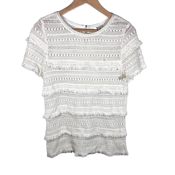 Joie Rafael Boho Cream Fringe Crochet Short Sleeve Top Size Small - Picture 3 of 7